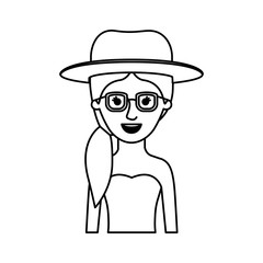 woman half body with hat and glasses and strapless dress with pigtail hairstyle in monochrome silhouette vector illustration
