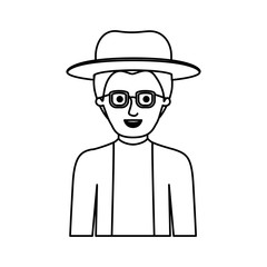 man half body with hat and glasses and jacket with short hair in monochrome silhouette vector illustration