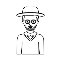 man half body with hat and glasses and sweater with short hair and stubble beard in monochrome silhouette vector illustration