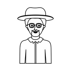 man half body with hat and glasses and shirt with short hair and goatee beard in monochrome silhouette vector illustration