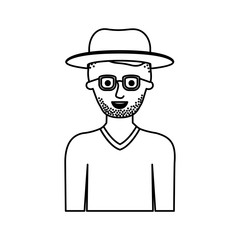 man half body with hat and glasses and sweater with short hair and stubble beard in monochrome silhouette vector illustration