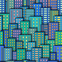 Seamless Urban Background, Abstract Colorful City, Skyscrapers with Glowing Windows, Tile Pattern for Your Design. Eps10, Contains Transparencies. Vector