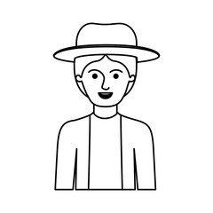 man half body with hat and jacket with short hair in monochrome silhouette vector illustration