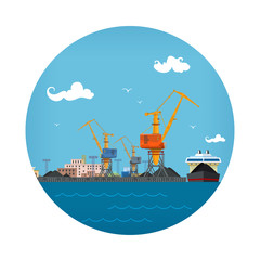 Cargo Sea Port , Unloading Coal or Ore from the Vessel, ,Logistic Icon, Sea Freight Transportation, Port Warehouses and Cranes, Vector Illustration