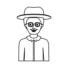 man half body with hat and glasses and shirt with short hair and moustache in monochrome silhouette vector illustration