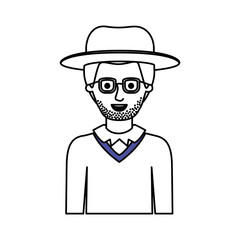 man half body with hat and glasses and sweater with stubble beard in monochrome silhouette vector illustration
