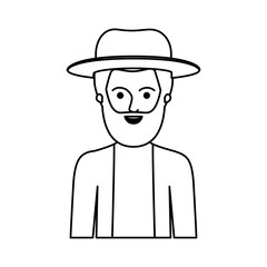 man half body with hat and jacket with short hair and beard in monochrome silhouette vector illustration