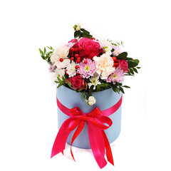 Bouquet of different green, red, yellow, blue and purple flowers on white