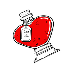Bottle with magic elixir. love potion hand drawn