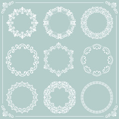 Obraz premium Vintage set of vector round elements. Different elements for decoration and design frames, cards, menus, backgrounds and monograms. Classic white patterns. Set of vintage patterns