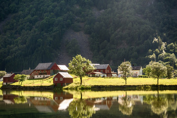 Fototapeta na wymiar beautiful Norwegian nature with houses along the river