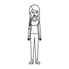 Obraz premium woman full body with blouse long sleeve and pants and heel shoes with braid and fringe hairstyle in monochrome silhouette vector illustration