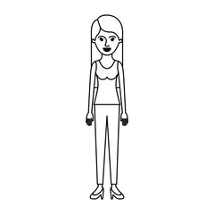 Obraz premium woman full body with t-shirt sleeveless and pants and heel shoes with long straight hair in monochrome silhouette vector illustration