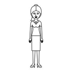 woman full body with blouse and skirt and heel shoes with ponytail hair in monochrome silhouette vector illustration