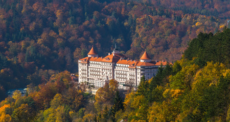Autumn walks in the beautiful city of Karlovy Vary (Carksbad) and its surroundings, Bohemia,...