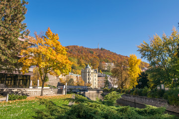 Autumn walks in the beautiful city of Karlovy Vary (Carksbad) and its surroundings, Bohemia,...