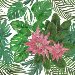 Watercolor painting seamless pattern with tropical flowers and leaves