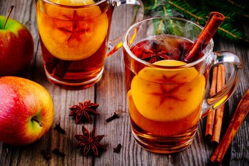 homemade hot mulled apple cider with a cinnamon stick