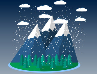Winter nature landscape with fir trees, Mountains and snowflakes. Winter Background