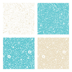 Set of Christmas backgrounds with hand drawn snowflakes, stars and frozen texture. Vector winter patterns.