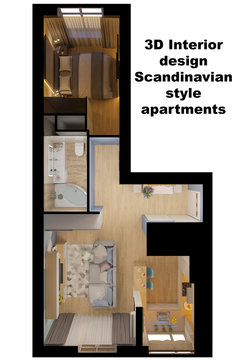 3d illustration of the interior design of an apartment in Scandinavian style. Top view interior render