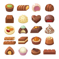 Chocolate candies collection. Vector illustration of different shapes and kinds of chocolate candies, such as truffle and praline. Isolated on white background.