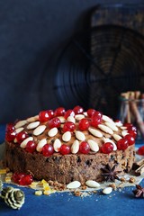 Dundee cake. Traditional Scottish Christmas cake. Festive Christmas dessert.