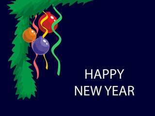 Christmas tree branch with balloons and Happy New Year sign