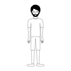 man full body with t-shirt and short pants and shoes with short hair and beard in black dotted silhouette vector illustration