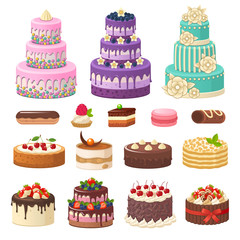 Cakes icons collection. Vector illustration of different types of beautiful modern cakes, such as chocolate cake, Napoleon cake, tiramisu, , eclair and cheesecake. Isolated on white.