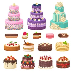 Fotobehang Cakes icons collection. Vector illustration of different types of beautiful modern cakes, such as chocolate cake, Napoleon cake, tiramisu, , eclair and cheesecake. Isolated on white. © nadzeya26
