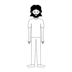 man full body with t-shirt and pants and shoes with mid length hair and beard in black dotted silhouette vector illustration