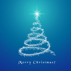 Abstract Christmas tree design with lit and glowing lights spinning around. Blue background