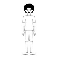 man full body with t-shirt and short pants and shoes with curly hair in black dotted silhouette vector illustration