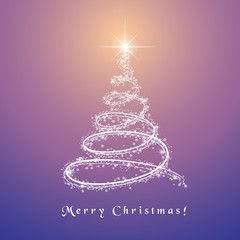 Sparkling Christmas tree made of lines and shining bokeh lights with a star on top of it. Unique design and purple background.