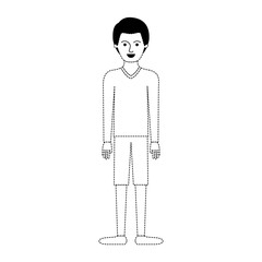 man full body with sweater and short pants and shoes with short hair in black dotted silhouette vector illustration