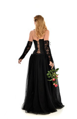 Fototapeta premium full length portrait of a blonde girl wearing black gothic gown. standing pose, isolated on white background.