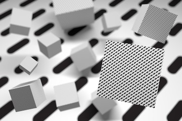 Abstract background with cubes in 3d space in black and white colors. Many randomly arranged cubes with dotted lines pattern. 3d illustration.