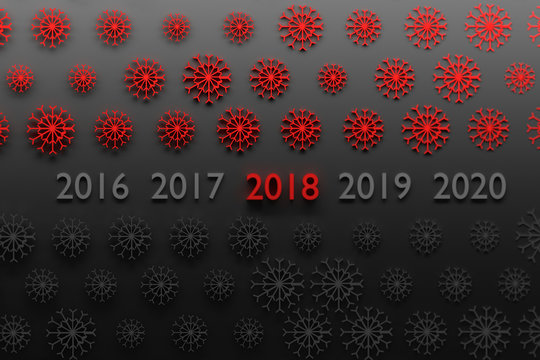 Greeting card with snowflakes and year numbers. 2018 happy new year banner in red and black colors. 3d illustration.