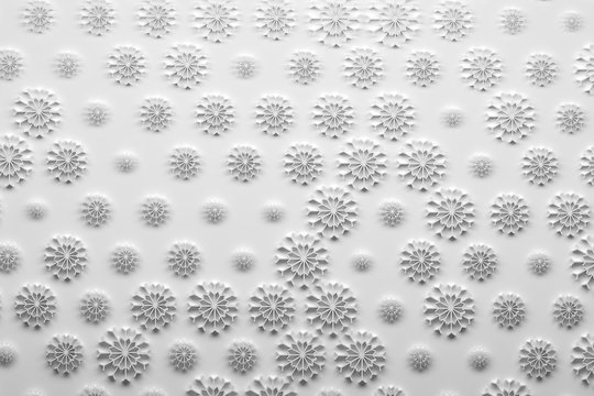 Abstract background with white snowflakes on white background. Backdrop for christmas or greeting cards. Many randomly arranged snoflakes. 3d illustration. 