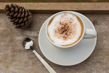 hot coffee and a nice stunning Mountain View, blurry background, Thailand