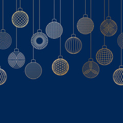  Decorative border made of golden Christmas ball toys hanging on blue background