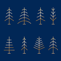 Set of abstract minimalistic golden Christmas trees