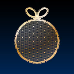 Decorative golden lace Christmas ball toy on dark blue background