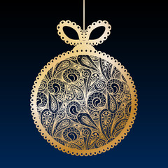 Decorative golden lace Christmas ball toy on dark blue background