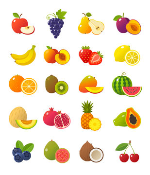 Fruits and berries icons collection. Vector illustration of cartoon fruits and berries, such as apple, pear, strawberry, orange, peach, plum, banana, pineapple, grapes, kiwi, mango. Isolated on white.