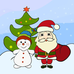 Santa Claus, Snowman and Christmas Tree