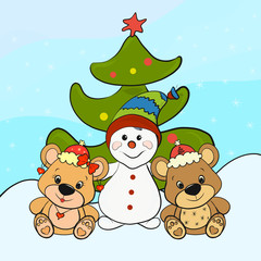 Snowman with cute bears and Christmas tree