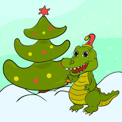 Funny crocodile with bell and Christmas tree