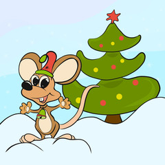Happy Mouse in Christmas Hat and Christmas Tree